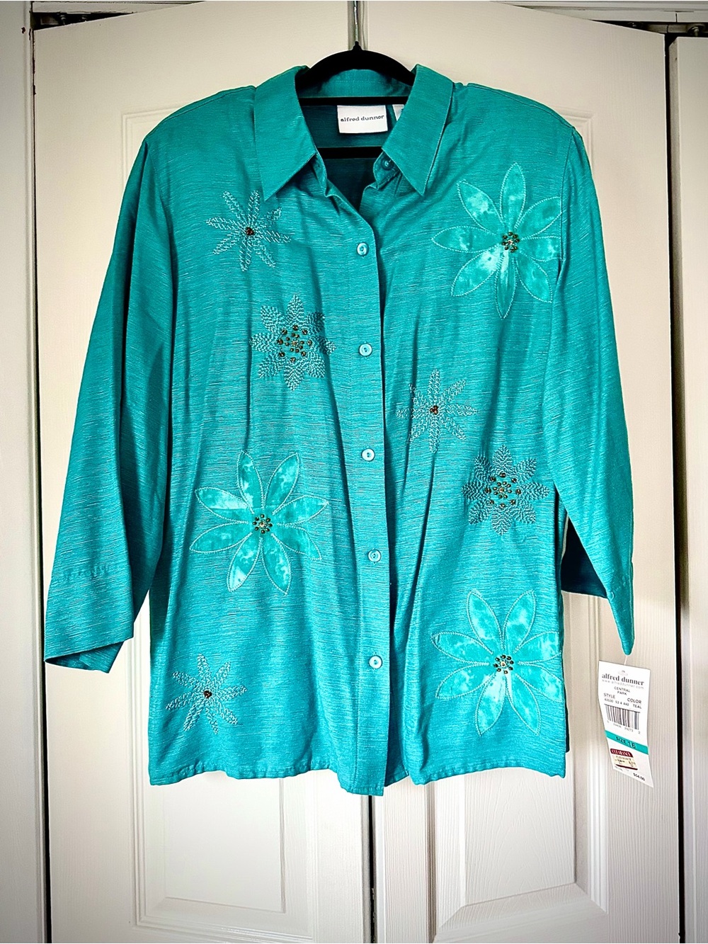 Alfred Dunner Teal Floral Embellished Button-Front Top